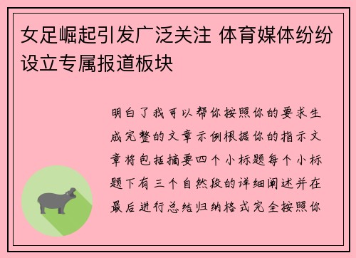 女足崛起引发广泛关注 体育媒体纷纷设立专属报道板块