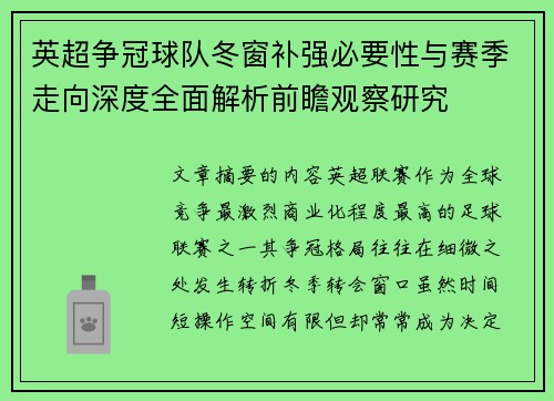 英超争冠球队冬窗补强必要性与赛季走向深度全面解析前瞻观察研究